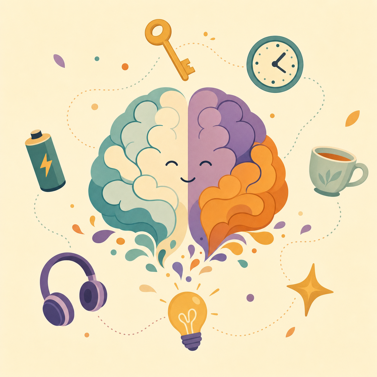 Abstract geometric illustration of a brain combined with a compass in warm teal, orange and purple